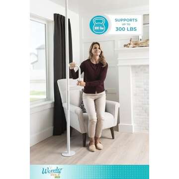 Stander Wonder Pole Lite, Adjustable Floor to Ceiling Safety Grab Bar with Security Support Handle for Fall Prevention, Tension Mounted Transfer-Pole for Adults, Seniors, and Elderly, White