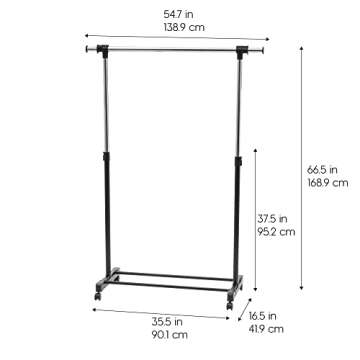 IRIS USA Portable Single-Rod Height Adjustable Clothes Rack with Extendable Bar and Lockable Wheels,...