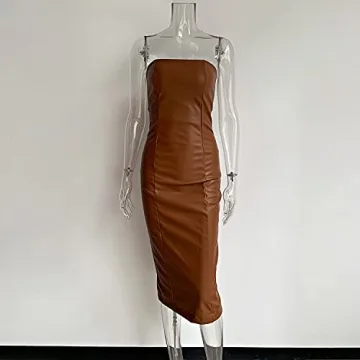 XLLAIS Women Strapless Tube Midi Dress Sexy Bodycon Party Dress Fall Leather Outfits Brown Small