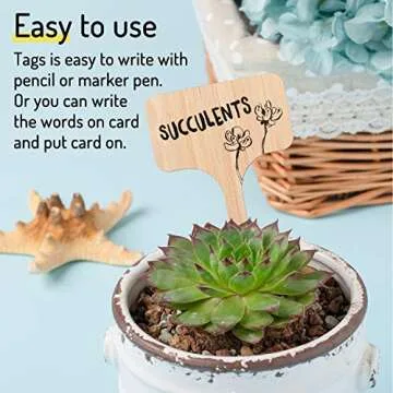 Whaline 50Pcs Bamboo Plant Labels with A Marker Pen, T-Type Wooden Plant Sign Tags Garden Markers for Seed Potted Herbs Flowers Vegetables(6 x 10 cm)