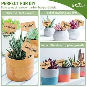 Whaline 50Pcs Bamboo Plant Labels with A Marker Pen, T-Type Wooden Plant Sign Tags Garden Markers for Seed Potted Herbs Flowers Vegetables(6 x 10 cm)