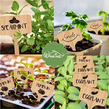 Whaline 50Pcs Bamboo Plant Labels with A Marker Pen, T-Type Wooden Plant Sign Tags Garden Markers for Seed Potted Herbs Flowers Vegetables(6 x 10 cm)