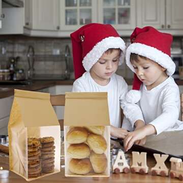 euduv Bakery Bags with Window Cookie Bags for Packaging 50Pcs 5.1x4.3x11 Inches Brown Kraft Paper Ti...