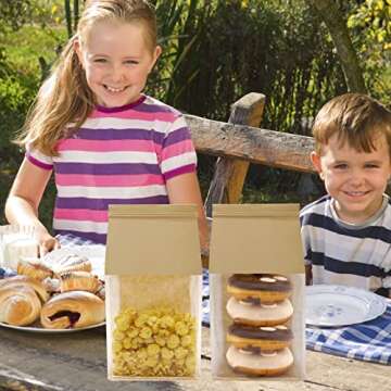 euduv Bakery Bags with Window Cookie Bags for Packaging 50Pcs 5.1x4.3x11 Inches Brown Kraft Paper Tin Tie Tab Lock Candy Bags Treat Bags, Popcorn, Coffee Bags Resealable