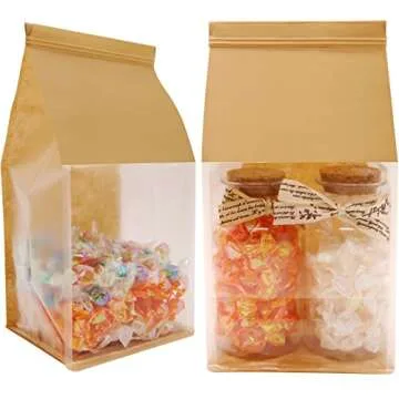 euduv Bakery Bags with Window Cookie Bags for Packaging 50Pcs 5.1x4.3x11 Inches Brown Kraft Paper Tin Tie Tab Lock Candy Bags Treat Bags, Popcorn, Coffee Bags Resealable