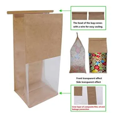 euduv Bakery Bags with Window Cookie Bags for Packaging 50Pcs 5.1x4.3x11 Inches Brown Kraft Paper Tin Tie Tab Lock Candy Bags Treat Bags, Popcorn, Coffee Bags Resealable