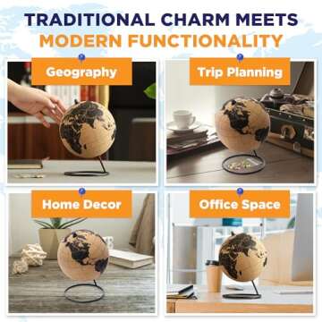 Globe Trekkers - Mini Cork Globe with 50 Different Colored Push Pins & Durable Stainless Steel Base ...