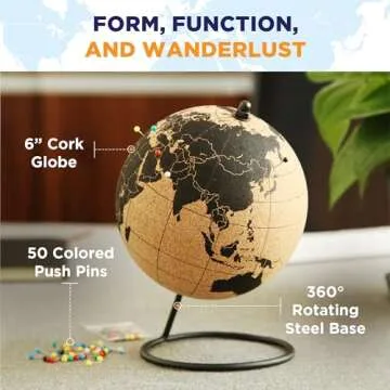 Globe Trekkers - Mini Cork Globe with 50 Different Colored Push Pins & Durable Stainless Steel Base | Great for Mapping Travels & Educational Purposes | Does Not Have Plastic Strip Like Most