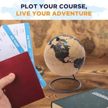 Globe Trekkers - Mini Cork Globe with 50 Different Colored Push Pins & Durable Stainless Steel Base | Great for Mapping Travels & Educational Purposes | Does Not Have Plastic Strip Like Most