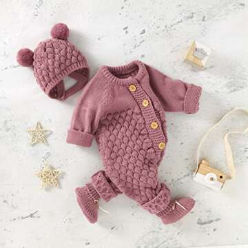 Newborn Baby Boy Girl Fall Winter Clothes Long Sleeve Solid Color Knitted Button Romper Bear Hat Cut...