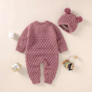 Newborn Baby Boy Girl Fall Winter Clothes Long Sleeve Solid Color Knitted Button Romper Bear Hat Cute Toddler Outfit (Pink, 3-6 Months)