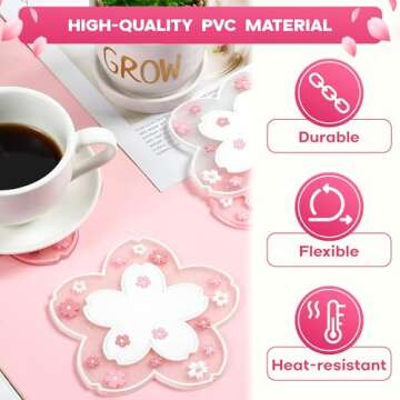 2Pcs Cherry Blossom Coasters for Coffee Table - Heat Resistant Cherry Blossom Decor Non Slip Mat Clear Coasters Table Cup Mat Coffee Mat Gift - Cute Coasters for Desk Set of 2 for Home, Office, Bar