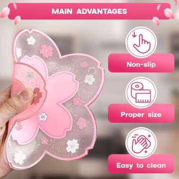 2Pcs Cherry Blossom Coasters for Coffee Table - Heat Resistant Cherry Blossom Decor Non Slip Mat Clear Coasters Table Cup Mat Coffee Mat Gift - Cute Coasters for Desk Set of 2 for Home, Office, Bar