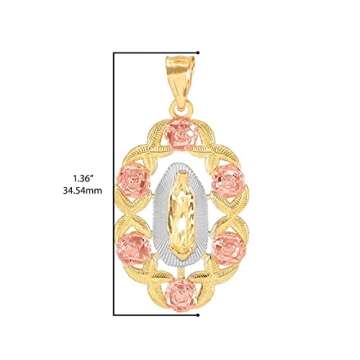 10K Tri-Color Yellow, White & Rose Gold Our Lady of Guadalupe Miraculous Immaculate Conception Catholic Scalloped Oval Pendant