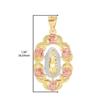 10K Tri-Color Yellow, White & Rose Gold Our Lady of Guadalupe Miraculous Immaculate Conception Catholic Scalloped Oval Pendant