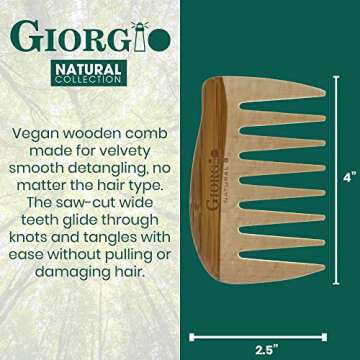 Giorgio GIONAT8 Small Natural Wooden Comb Hair Detangler Wide Tooth Comb for Curly Hair, Bamboo and ...