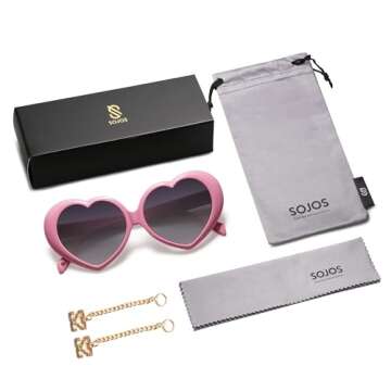 SOJOS Sunglasses Womens Heart Shaped Sunglasses Vintage Retro Glasses with Chain SJ2252 Light Pink Frame/Grey Lens