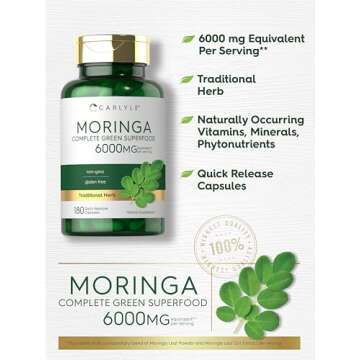 Carlyle Moringa Oleifera | 180 Capsules | Non-GMO and Gluten Free Supplement | Complete Green Superfood | from Moringa Leaf Powder