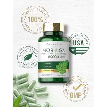 Carlyle Moringa Oleifera | 180 Capsules | Non-GMO and Gluten Free Supplement | Complete Green Superfood | from Moringa Leaf Powder