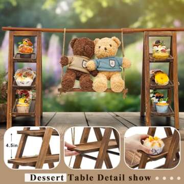 Beeveer Wooden Double 3 Tier Serving Tray Serving Ladder Stand with Serving Platter Tray Party Food Display Set for Cake Snack Fruit Chips Bread Centerpieces (Dark Walnut,20 x 30 Inches)