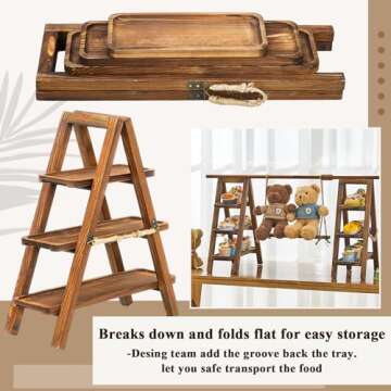 Beeveer Wooden Double 3 Tier Serving Tray Serving Ladder Stand with Serving Platter Tray Party Food Display Set for Cake Snack Fruit Chips Bread Centerpieces (Dark Walnut,20 x 30 Inches)