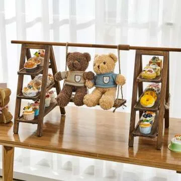 Beeveer Wooden Double 3 Tier Serving Tray Serving Ladder Stand with Serving Platter Tray Party Food Display Set for Cake Snack Fruit Chips Bread Centerpieces (Dark Walnut,20 x 30 Inches)