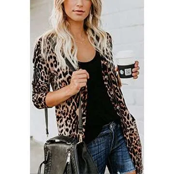 Shirt Cardigan for Women Printed Cardigan Leopard Coat Long Sleeve Open Front Cardigan Top w Pockets Brown