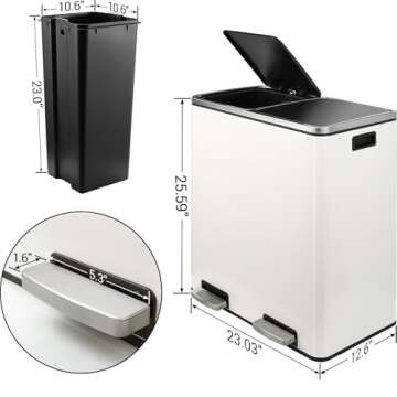 AthLike 60L(16 Gal) Dual Trash Can, Stainless Steel Kitchen Garbage Can, Double Compartment Classifi...