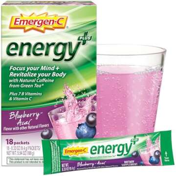 Emergen-C Energy+, With B Vitamins, Vitamin C And Natural Caffeine From Green Tea(Blueberry Acai Flavor) Dietary Supplement Drink Mix, 0.33 Ounce Powder Packets(Pack of 18)