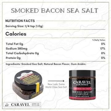 Smoked Bacon Chipotle Fine Sea Salt - All-Natural Bacon Sea Salt Slowly Smoked for Perfect Smoky Flavor - No Gluten, No MSG, Non-GMO - Cooking or Finishing Salt - 4 oz. Stackable Jar