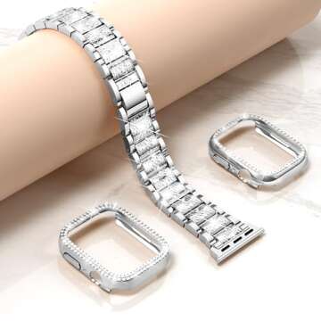 Mosonio Compatible with Apple Watch Band 38mm with Case Women, Jewelry Replacement Metal Wristband Strap with 2 Pack Bling PC Protective Cover for iWatch Series 3/2/1(38mm, Silver)