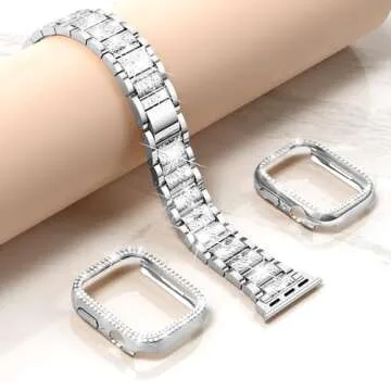 Mosonio Compatible with Apple Watch Band 38mm with Case Women, Jewelry Replacement Metal Wristband Strap with 2 Pack Bling PC Protective Cover for iWatch Series 3/2/1(38mm, Silver)