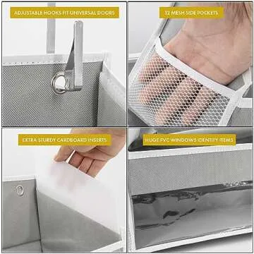 HOMELUX THEORY 1 PC Heavy Duty Over the Door Organizer 55x14x6.7, 6 Large Front & 12 Side Pockets, Hanging Storage Closet Door Organizer for Bedroom, Bathroom and Baby Nursery Storage (Light Gray)