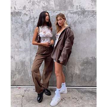 Ynocfri Women Faux Leather Blazer Jackets Button Down Oversized Vintage PU Leather Lapel Jacket Streetwear (Brown,Medium)