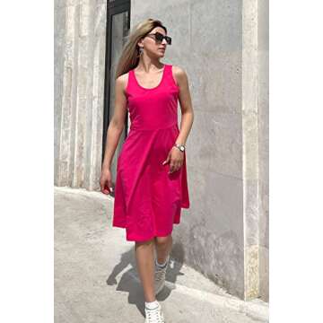 STYLEWORD Pink Dress for Women Casual Crew Neck A Line Sundress Party Holiday Dress Barbie Costume Vacation Outfits(Rose,XL)