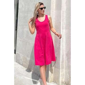 STYLEWORD Pink Dress for Women Casual Crew Neck A Line Sundress Party Holiday Dress Barbie Costume Vacation Outfits(Rose,XL)