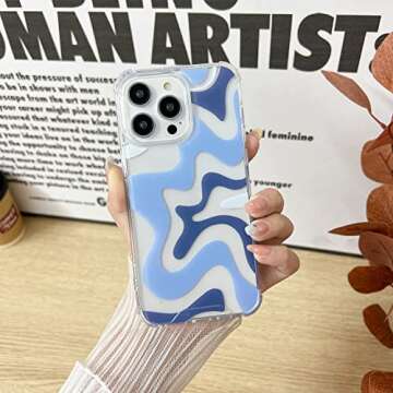 Sayoaho Compatible with iPhone 14 / iPhone 13 Phone Case, Cute Art Wavy Painted for Women Girls, Soft TPU Edge PC Back Protective Shockproof Phone Case-Blue (iPhone 14 / iPhone 13)