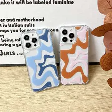 Sayoaho Compatible with iPhone 14 / iPhone 13 Phone Case, Cute Art Wavy Painted for Women Girls, Soft TPU Edge PC Back Protective Shockproof Phone Case-Blue (iPhone 14 / iPhone 13)