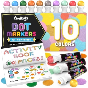 Chalkola Kids Washable Dot Markers 10 Shimmer Colors | Water-Based Non Toxic Paint Daubers for Toddl...