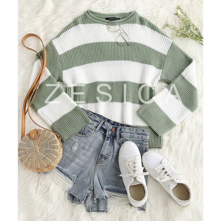 ZESICA Women's Oversized Striped Sweater - Comfy Style