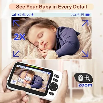 Blemil Baby Monitor with 30-Hour Battery, 5" Large Split-Screen Video Baby Monitor with Camera and Audio, 3500mAh Battery, Remote Pan/Tilt/Zoom Camera, Two-Way Talk, Night Vision, Lullabies, No WiFi