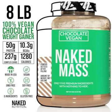 Naked Mass - Chocolate Vegan Weight Gainer - 8Lb Bulk, GMO Free, Gluten Free, Soy Free & Dairy Free. No Artificial Ingredients - 1,280 Calories - 11 Servings