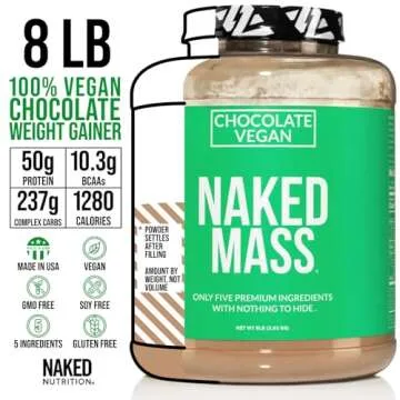 Naked Mass - Chocolate Vegan Weight Gainer - 8Lb Bulk, GMO Free, Gluten Free, Soy Free & Dairy Free. No Artificial Ingredients - 1,280 Calories - 11 Servings