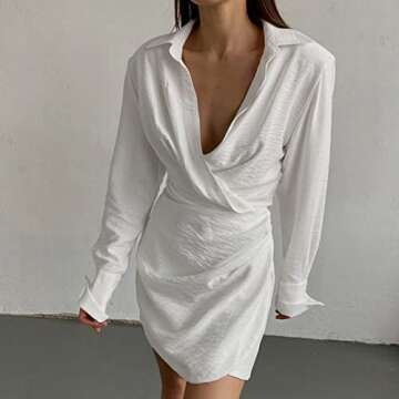 JEAAMKSSER Sexy Satin Shirt Dress for Women Deep V Neck Long Sleeve Short Mini Dress with Padded Shoulder