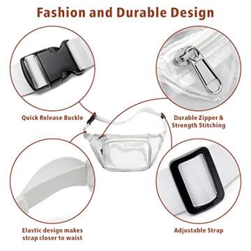 Packism Clear Fanny Pack Stadium Approved - Clear Belt Bag for Women Men Plus Size Transparent Waist Bag with Adjustable Strap for Concerts, Sporting Events - White