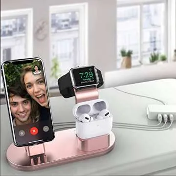 OLEBR Charging Stand Compatible with AirPods, iWatch Series 6/7/SE/5/4/3/2/1,Phone Series 13/12/12 Pro/Max/11/11 Pro/Max/Xs/X Max/XR/X/8/8Plus/7/7 P/6S/6S P(Original Cable Required)-Rose Gold
