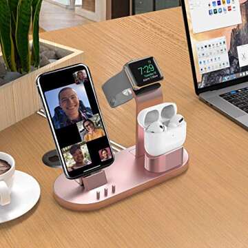 OLEBR Charging Stand Compatible with AirPods, iWatch Series 6/7/SE/5/4/3/2/1,Phone Series 13/12/12 Pro/Max/11/11 Pro/Max/Xs/X Max/XR/X/8/8Plus/7/7 P/6S/6S P(Original Cable Required)-Rose Gold