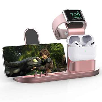 OLEBR Charging Stand Compatible with AirPods, iWatch Series 6/7/SE/5/4/3/2/1,Phone Series 13/12/12 Pro/Max/11/11 Pro/Max/Xs/X Max/XR/X/8/8Plus/7/7 P/6S/6S P(Original Cable Required)-Rose Gold