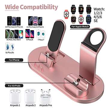 OLEBR Charging Stand Compatible with AirPods, iWatch Series 6/7/SE/5/4/3/2/1,Phone Series 13/12/12 Pro/Max/11/11 Pro/Max/Xs/X Max/XR/X/8/8Plus/7/7 P/6S/6S P(Original Cable Required)-Rose Gold