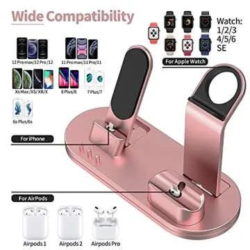 OLEBR Charging Stand Compatible with AirPods, iWatch Series 6/7/SE/5/4/3/2/1,Phone Series 13/12/12 Pro/Max/11/11 Pro/Max/Xs/X Max/XR/X/8/8Plus/7/7 P/6S/6S P(Original Cable Required)-Rose Gold